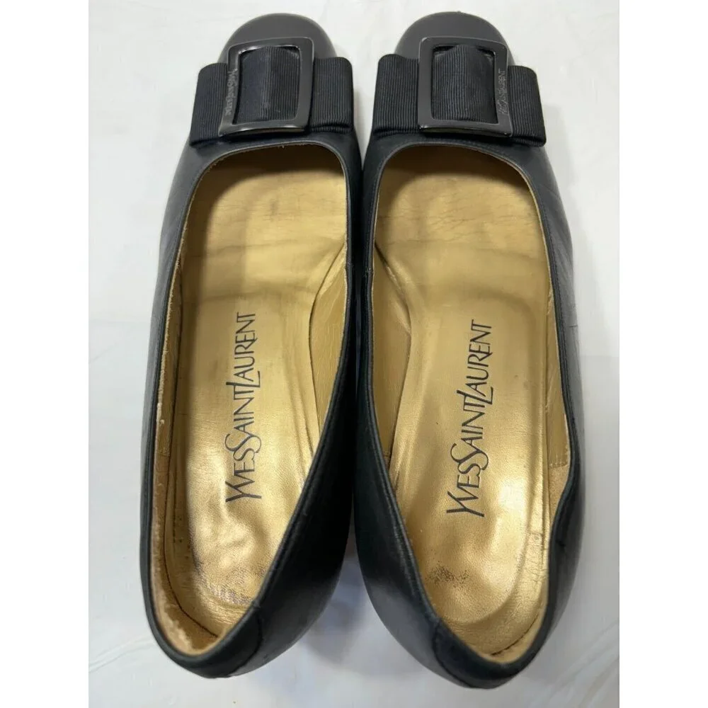 Yves Saint Laurent Black square bow Leather loafer Heels Buckle Size 5.5
